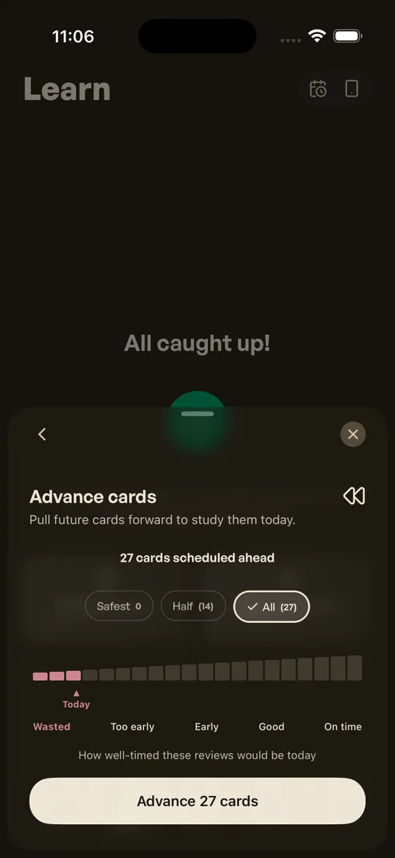 Advance sheet with All selected: 27 cards, today's marker lands in Wasted