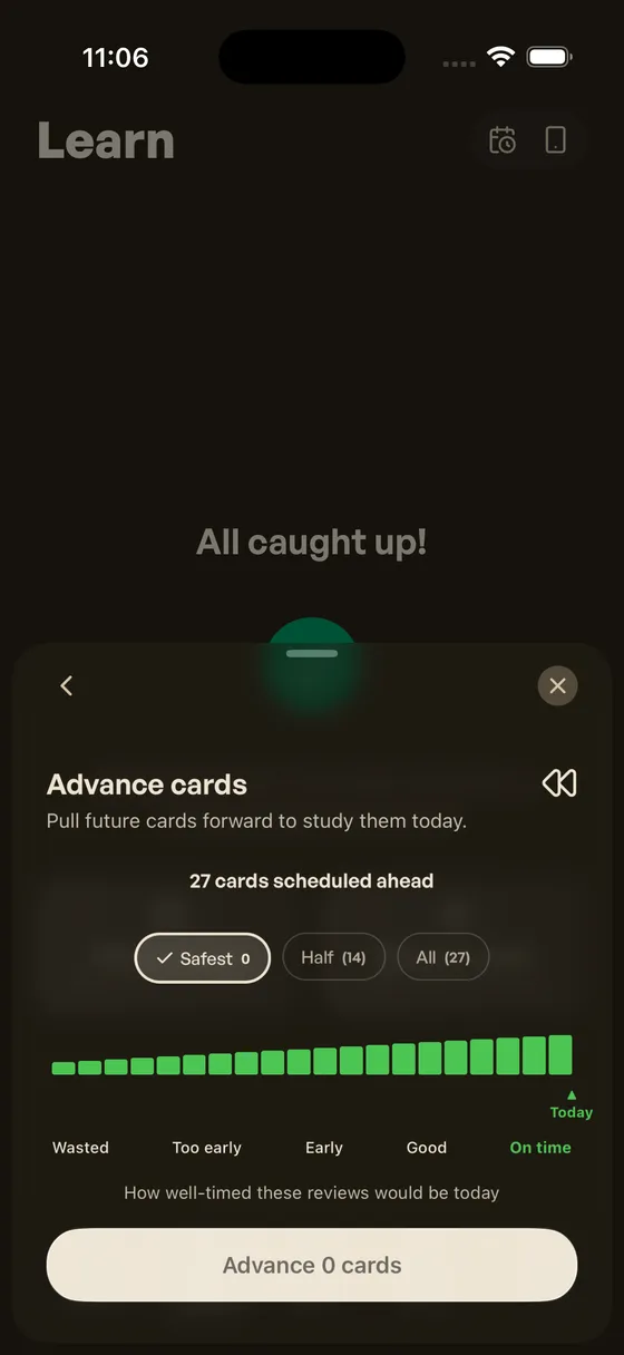 Advance sheet: 27 cards scheduled ahead, Safest selects zero, timing histogram all green