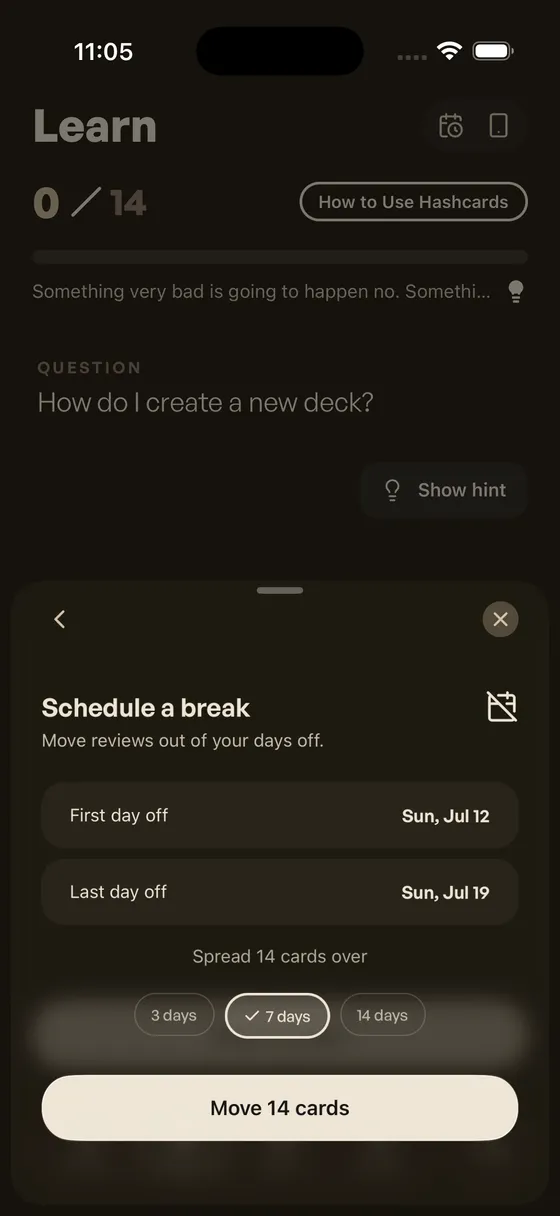 Schedule a break sheet: date range rows, cards-in-break preview, spread chips