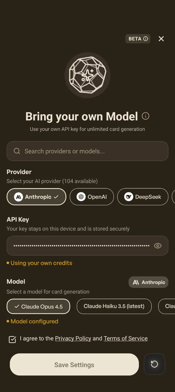 Bring Your Own Model settings showing provider picker, API key field, and model selector