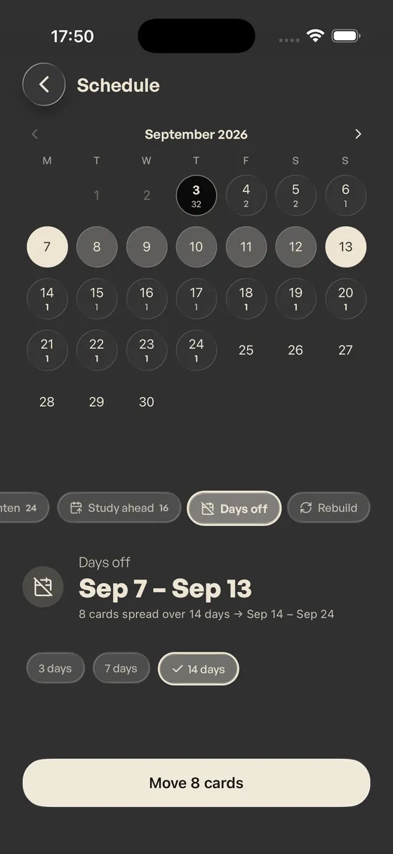 Days off with a 14-day spread: the same 8 cards land one per day from Sep 14 to Sep 24