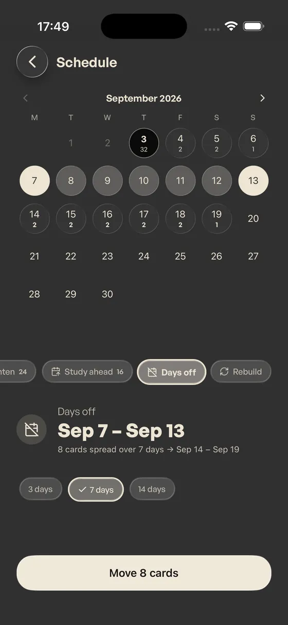 Days off Sep 7 to Sep 13 selected: 8 cards spread over 7 days onto Sep 14 to Sep 19, previewed on the calendar