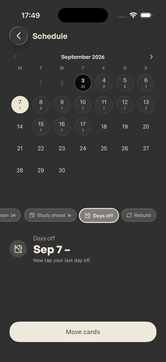 Days off: September 7 selected as the first day off, the panel asks for the last day