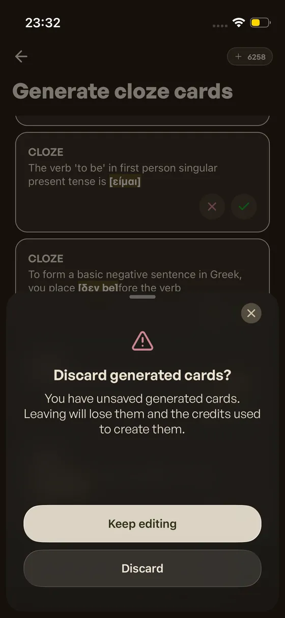 Discard generated cards confirmation dialog