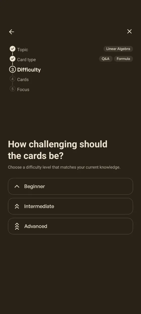 Step 3: Difficulty — Beginner, Intermediate, Advanced