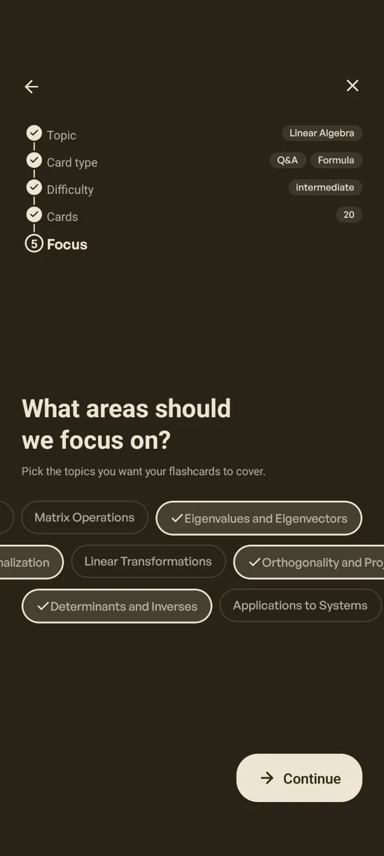 Step 5: Focus areas — sub-topic chips for Linear Algebra