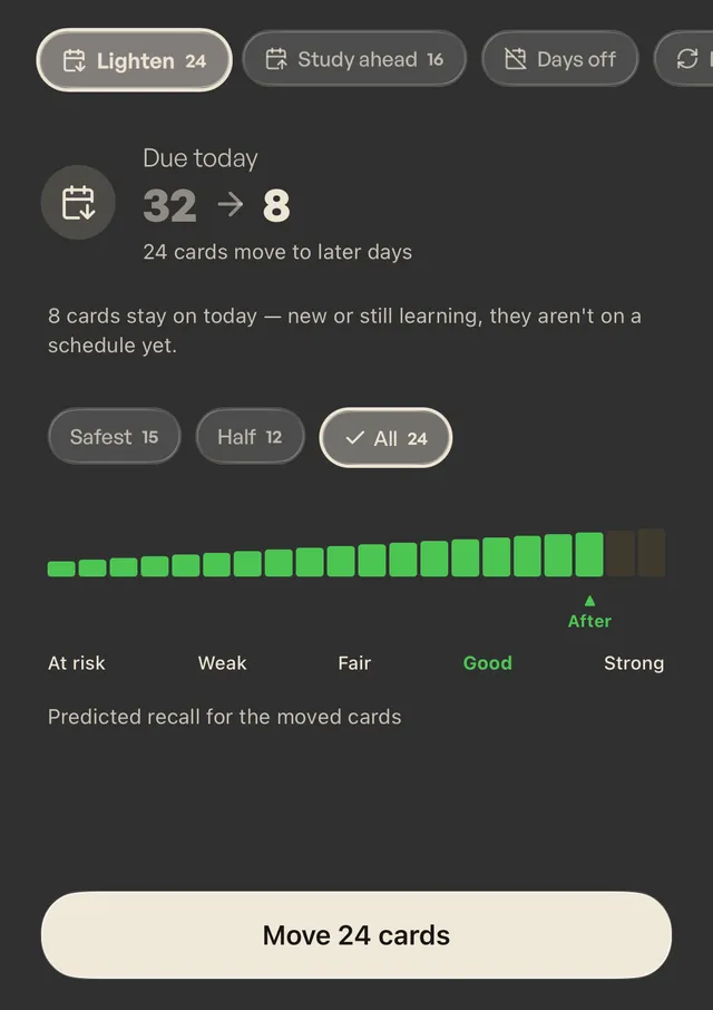 Lighten panel, All selected: 24 cards move, today drops from 32 to 8, recall marker slides left