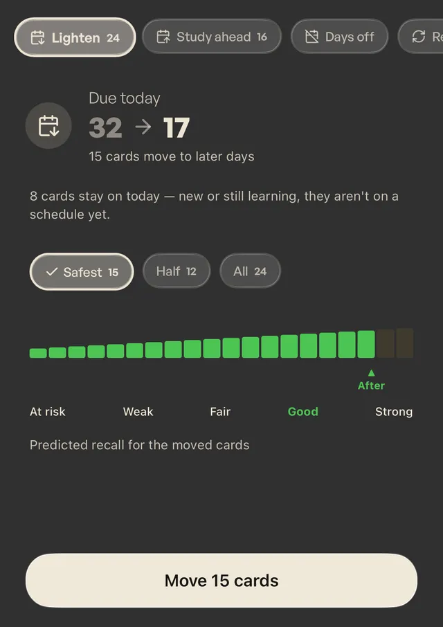 Lighten panel, Safest selected: 15 of 24 cards move, predicted recall for the moved cards lands on Good