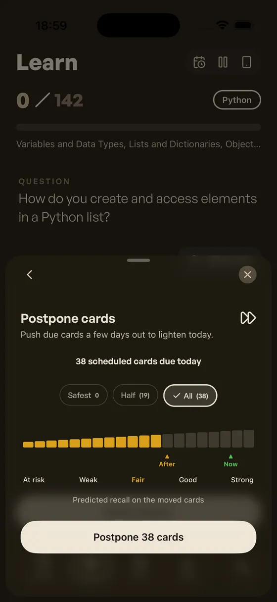 Postpone sheet with All selected: 38 cards move, weaker predicted recall shown before confirming