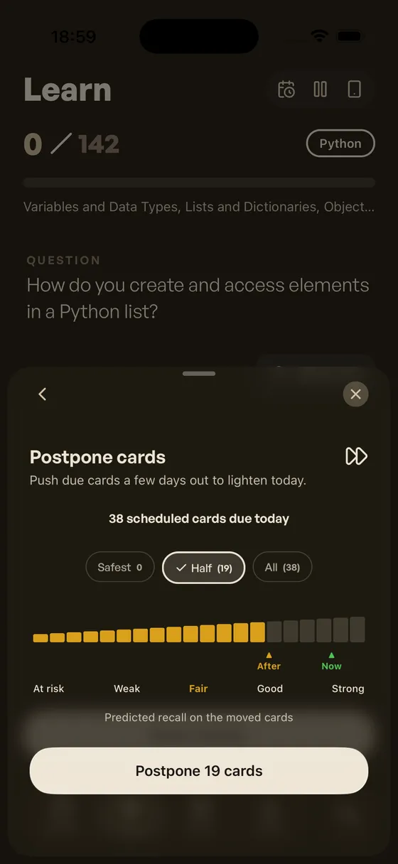 Postpone sheet with Half selected: 19 cards move, predicted recall lands on Fair