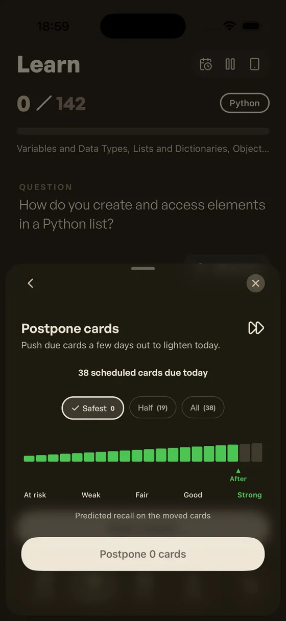 Postpone sheet: 38 scheduled cards due today, Safest/Half/All chips, predicted-recall histogram all green