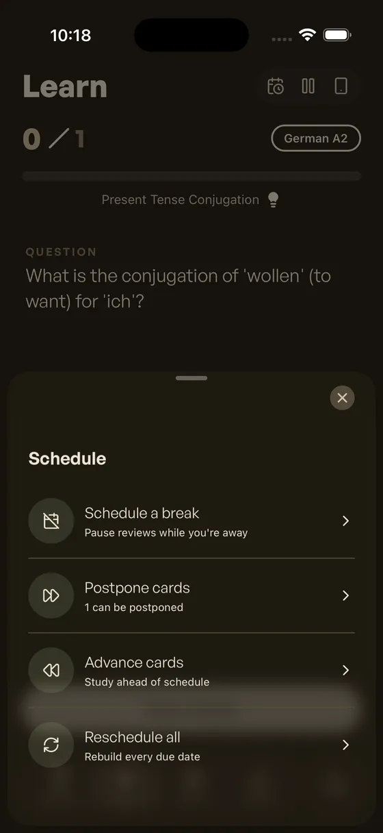 Schedule hub sheet with four tools: Schedule a break, Postpone cards, Advance cards, Reschedule all