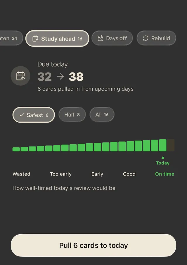 Study ahead panel, Safest selected: 6 of 16 upcoming cards pulled into today, timing marker on On time